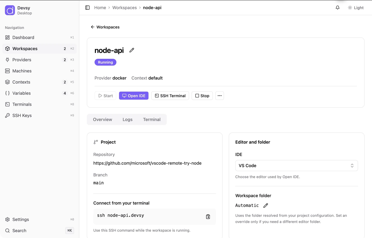 A sample running node-api workspace in Devsy, with project information, VS Code, and SSH access.